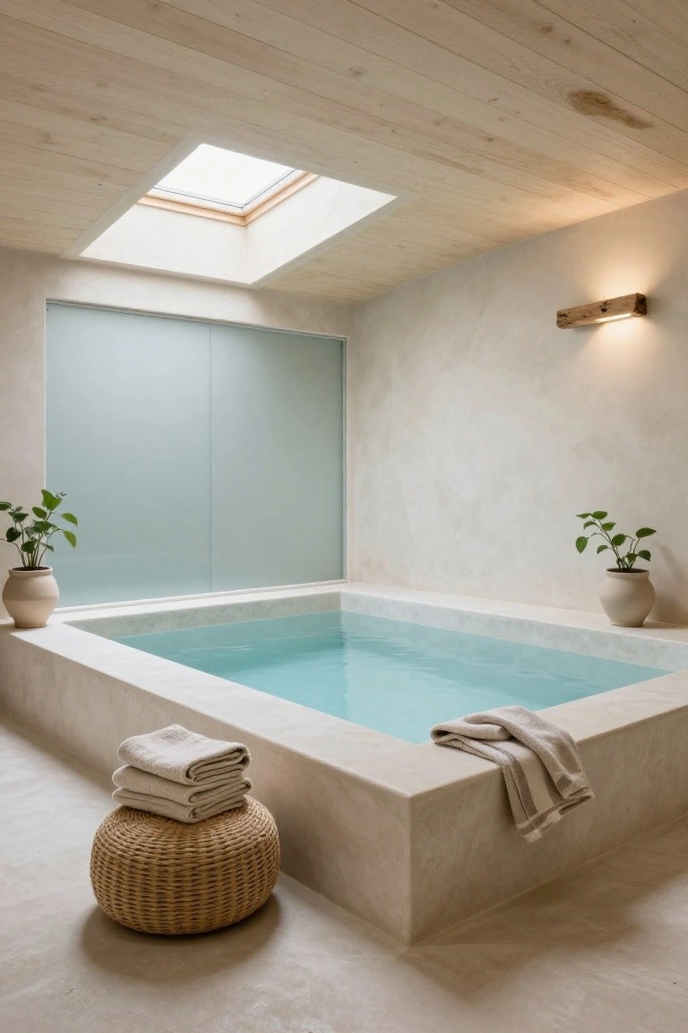 Square turquoise indoor pool recessed into beige stone floor in a minimalist bathroom with wooden plank ceiling, central skylight, frosted glass wall, wall light, potted plants, stacked towels on wicker stool, and draped towel on edge.