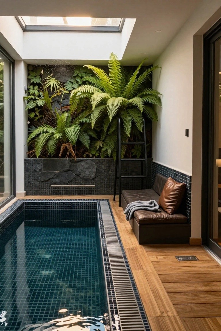 Narrow rectangular indoor pool with dark blue mosaic tiles and wooden deck surround, lush vertical fern garden wall on tiled stone backing, brown leather bench with gray blanket, black ladder, skylight above, and glass walls.