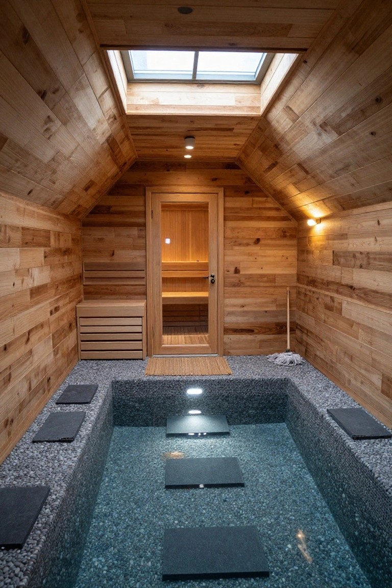 Wooden cabin-style interior with sloped ceiling, glass sauna door on right, wooden benches, mop and mat nearby, and central rectangular pool with turquoise water, black stone steps, and pebble surround.