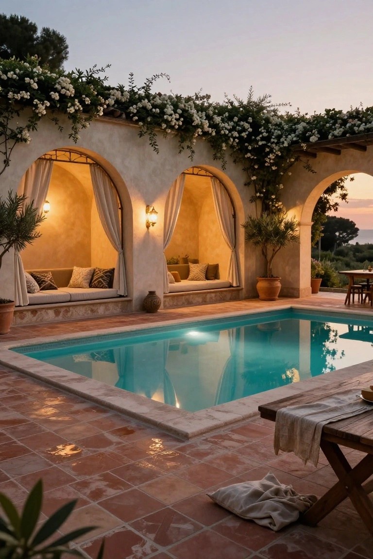 23 Inground Pool Design Ideas That Define Luxury Living Arched stucco alcoves with built-in cushioned benches, draped curtains, lanterns, and potted plants beside a lit inground pool on terracotta tiles, with a wooden table, linens, and greenery at dusk.