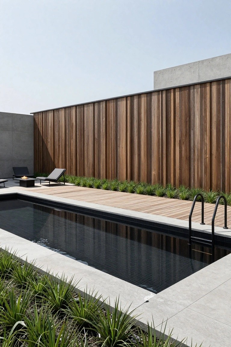 23 Inground Pool Design Ideas That Define Luxury Living Narrow inground pool with black mosaic tiles, black metal ladder, wooden deck platform, two black lounge chairs, low black fire pit table, tall vertical wooden fence, grasses, and concrete paving in a modern backyard.