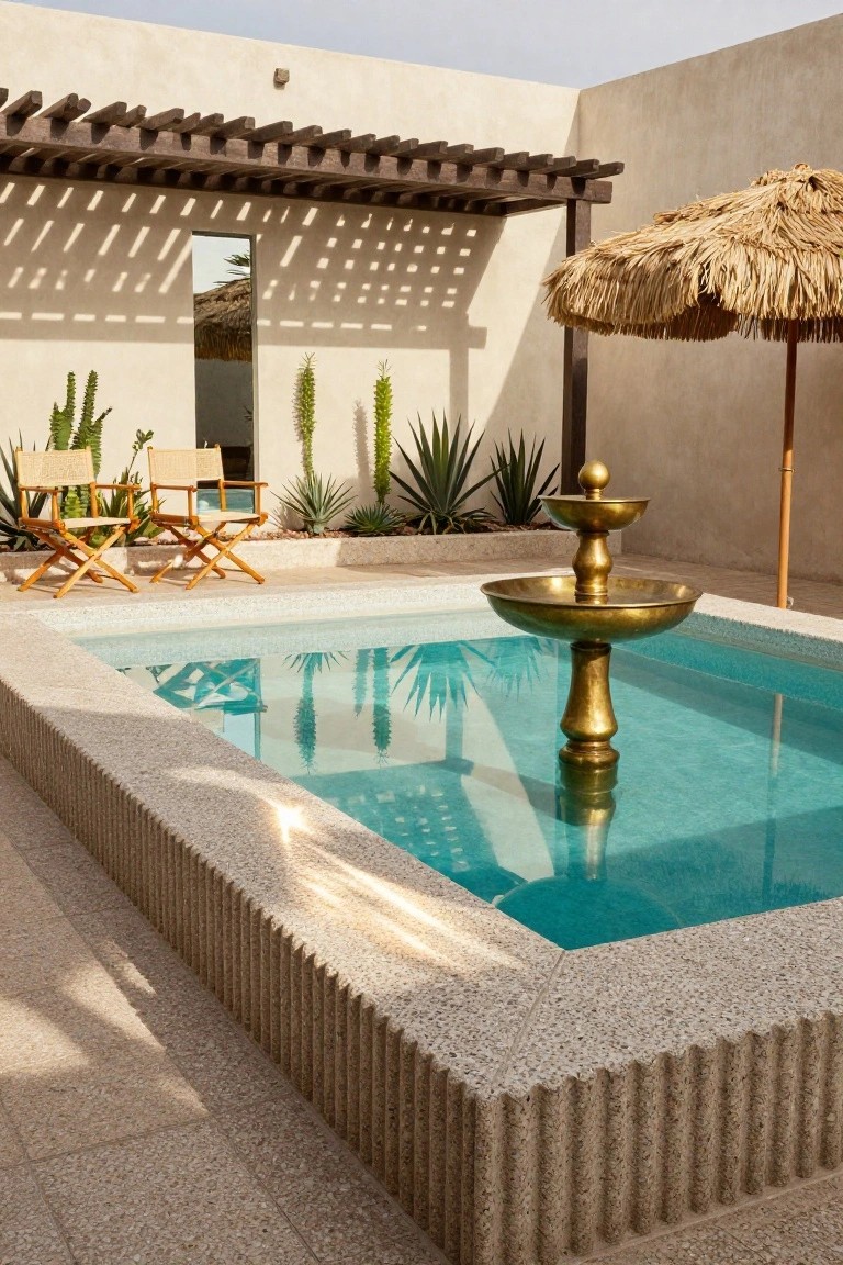 23 Inground Pool Design Ideas That Define Luxury Living A small turquoise inground pool centered on a two-tiered brass fountain, with two wicker lounge chairs nearby, potted succulents and agave plants, a thatched umbrella, and wooden pergola shading a beige stucco courtyard.