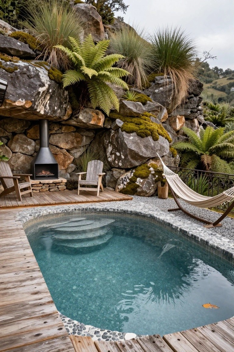 23 Inground Pool Design Ideas That Define Luxury Living Luxurious stone-walled pool with hammock, fireplace, and lush greenery.