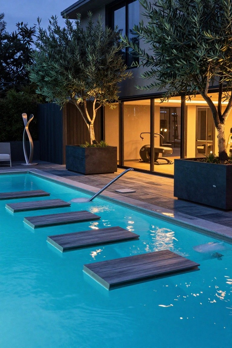 23 Inground Pool Design Ideas That Define Luxury Living Evening view of a rectangular inground pool with five floating rectangular wooden platforms on the turquoise water surface, next to a modern house with floor-to-ceiling glass doors, corten steel planters with olive trees, and a sculptural metal artwork.