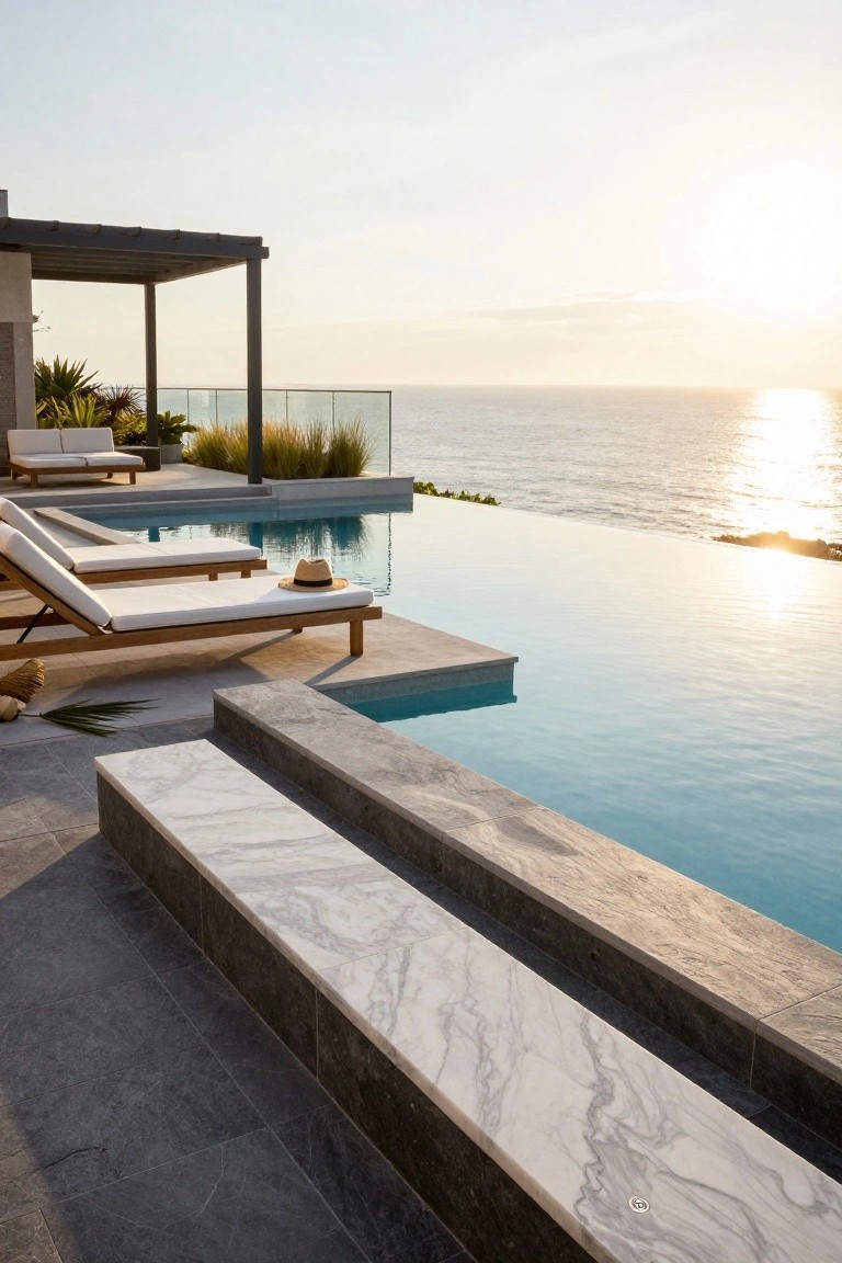 23 Inground Pool Design Ideas That Define Luxury Living Infinity edge inground pool on a terrace with ocean view at sunset, white lounge chairs with cushions, marble benches, and potted plants nearby.