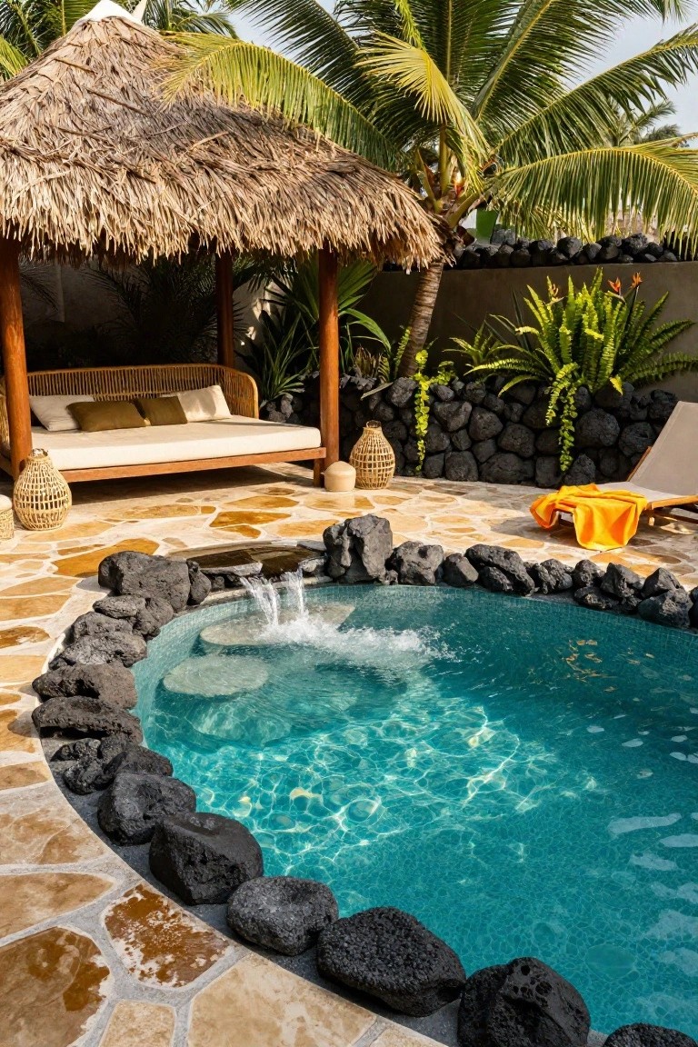 23 Inground Pool Design Ideas That Define Luxury Living Curved turquoise inground pool edged with black lava rocks on a tiled patio, featuring water jets, nearby thatched cabana with daybed, lounger with orange towel, surrounded by tropical plants and palms.