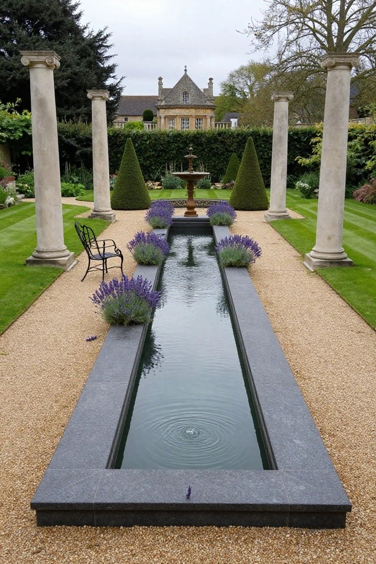 23 Inground Pool Design Ideas That Define Luxury Living Long narrow inground pool with black stone edging and lavender plants along both sides, flanked by gravel paths, stone columns, topiary trees, a fountain, and a historic house in the background.