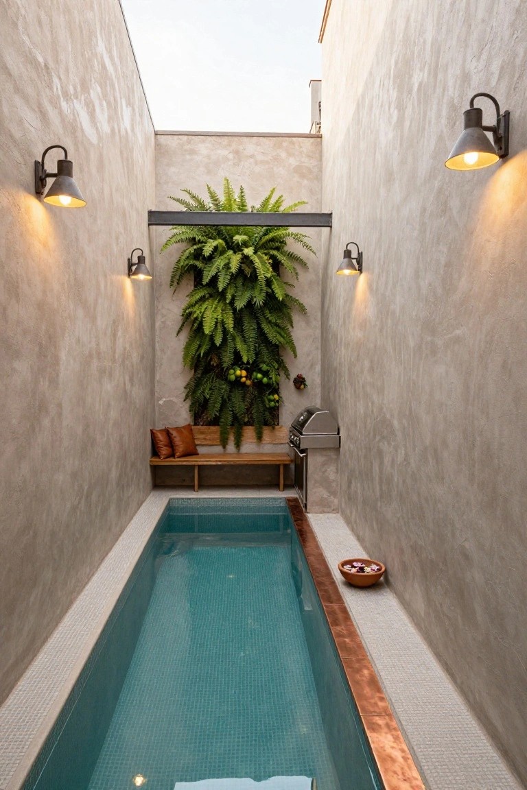 23 Inground Pool Design Ideas That Define Luxury Living Narrow turquoise-tiled inground pool in a tall beige stucco courtyard with wooden bench seating, barbecue grill, hanging ferns, small citrus plants, wall lanterns, and a terracotta bowl with flowers on the pool edge.