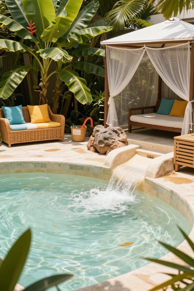 23 Inground Pool Design Ideas That Define Luxury Living Turquoise inground pool with water cascading from a natural beige rock waterfall, surrounded by tropical plants, banana trees, a draped white cabana with daybed, rattan chairs with cushions, and a wooden side table on a stone deck.