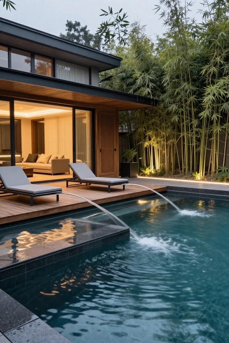 23 Inground Pool Design Ideas That Define Luxury Living Wooden deck with two lounge chairs positioned above an inground pool where water cascades from the deck edge, adjacent to a modern house with glass doors and surrounded by tall bamboo plants.