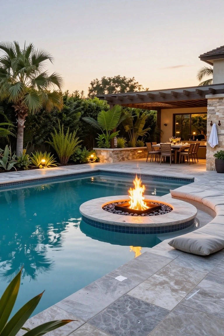 23 Inground Pool Design Ideas That Define Luxury Living Turquoise inground pool with circular gas fire pit built into the stone pool edge surrounded by lava rocks, gray stone decking, curved cushioned bench, outdoor dining table nearby, and tropical plants at dusk.