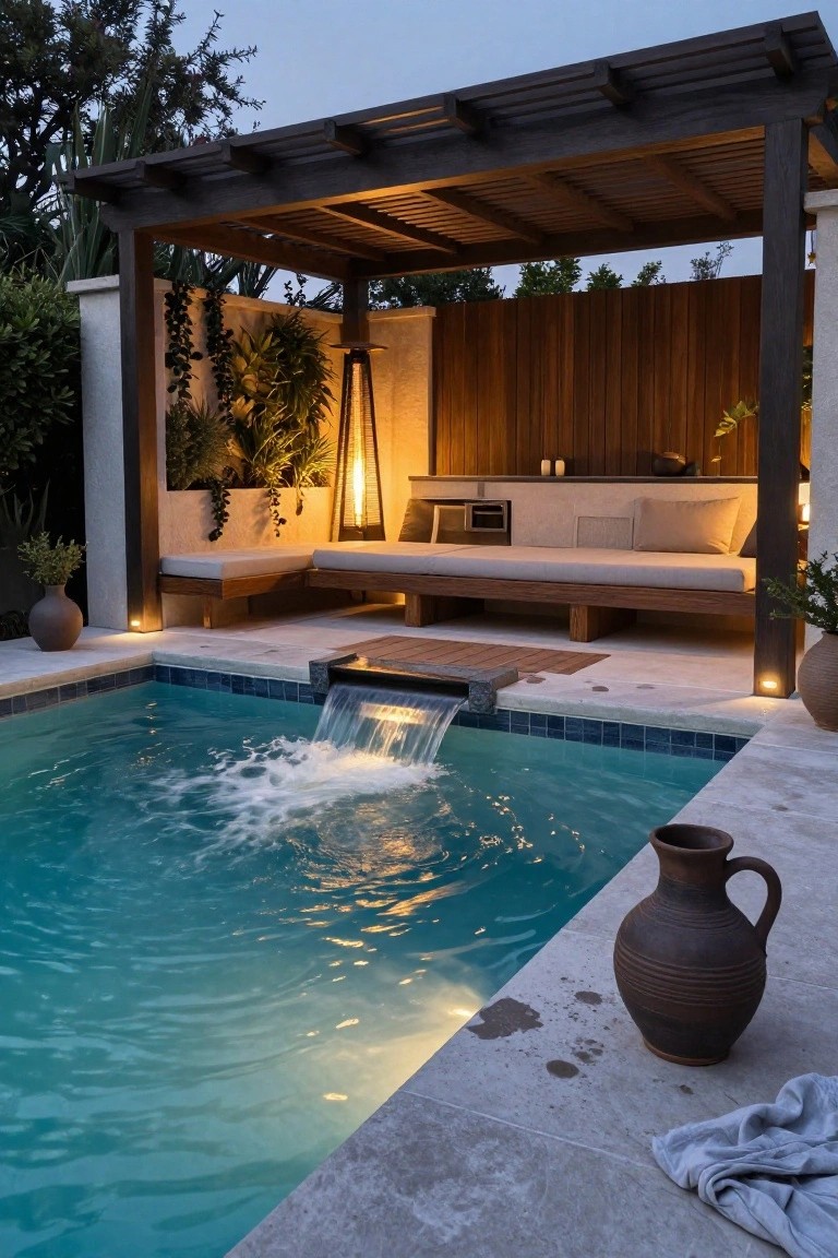 23 Inground Pool Design Ideas That Define Luxury Living Small turquoise inground pool with waterfall flowing from wooden deck platform into the water, L-shaped bench seating under pergola with plants and lanterns at dusk.