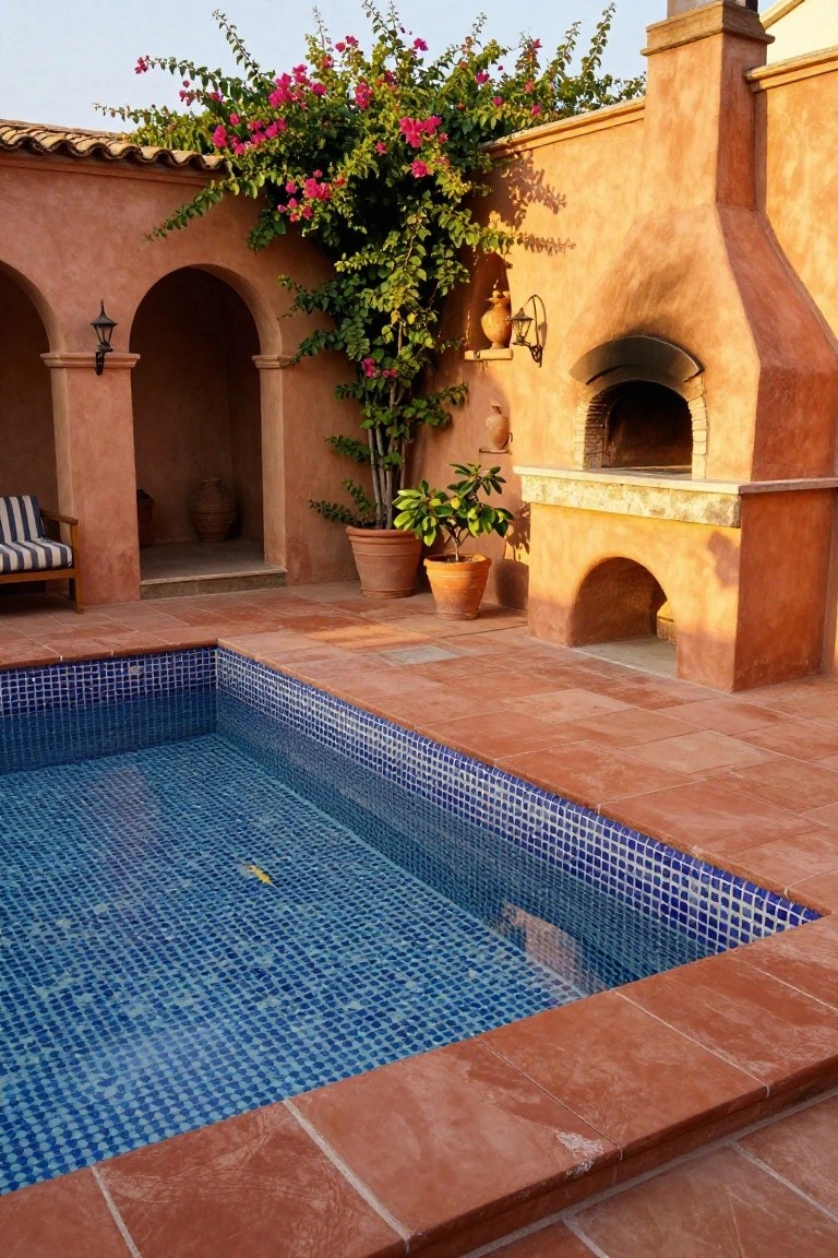 23 Inground Pool Design Ideas That Define Luxury Living Terracotta outdoor patio with arched built-in wood-fired oven, climbing pink bougainvillea vines, potted plants, a lounge chair, and an inground pool with blue mosaic tiles.