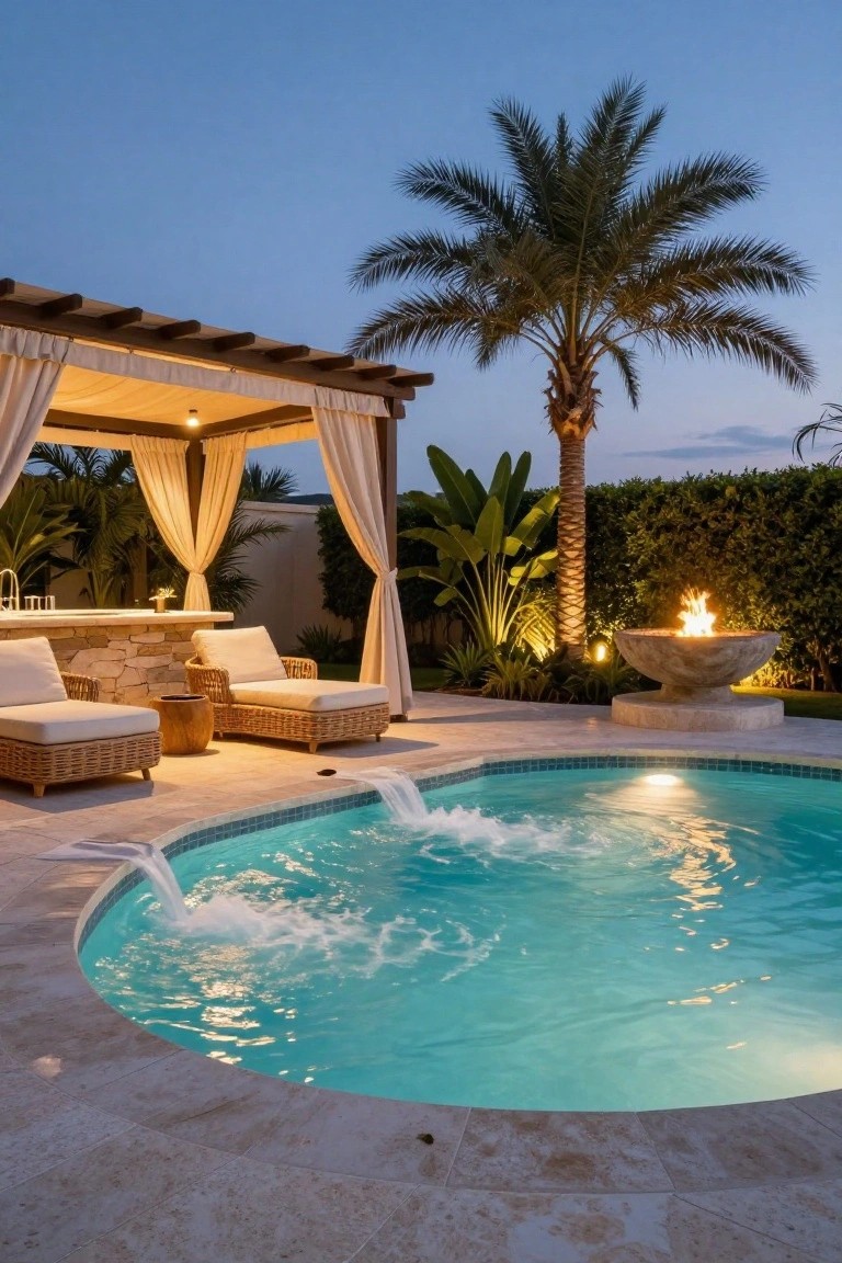 23 Inground Pool Design Ideas That Define Luxury Living Curved inground pool with spillover water feature at dusk, adjacent open cabana with draped pergola, wicker loungers, stone bar sink, raised stone fire bowl, palm trees, and green hedge backdrop.