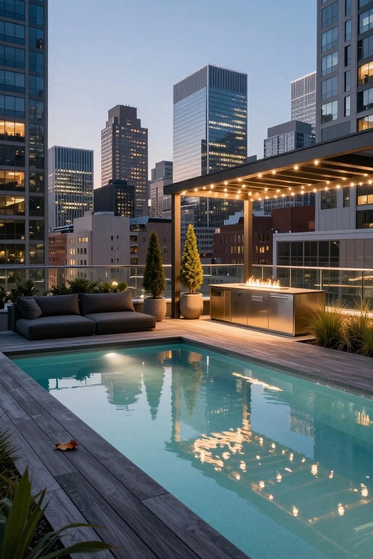 23 Inground Pool Design Ideas That Define Luxury Living Rooftop terrace with turquoise inground pool, stainless steel outdoor kitchen unit featuring linear gas fire pit, gray L-shaped sofa seating on wooden deck, potted plants and trees, lit pergola, glass railing, and city skyline at dusk.