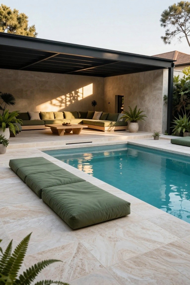 23 Inground Pool Design Ideas That Define Luxury Living Turquoise inground pool with large green floor cushions along the edge, green modular sofa under black metal pergola, plants, and light stone patio in outdoor setting.