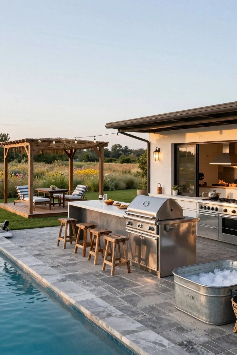 23 Inground Pool Design Ideas That Define Luxury Living Outdoor kitchen counter with stainless steel grill and appliances along an inground pool edge, wooden bar stools, metal tub filled with ice, deck nearby, pergola structure, and house interior visible through a window.