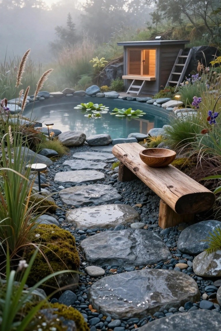 23 Inground Pool Design Ideas That Define Luxury Living Wood sauna cabin on a platform with ladder next to a turquoise inground pool edged in rocks and lily pads, with a stone stepping path, wooden bench, and surrounding grasses and plants.