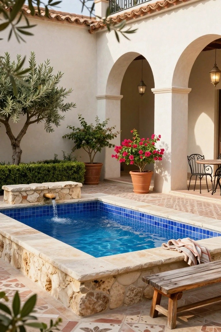 23 Inground Pool Design Ideas That Define Luxury Living Small rectangular inground pool with blue tiles and stone surround in a white-walled courtyard, featuring arches, olive tree, potted plants, fountain spillover, towel on edge, and wooden bench.
