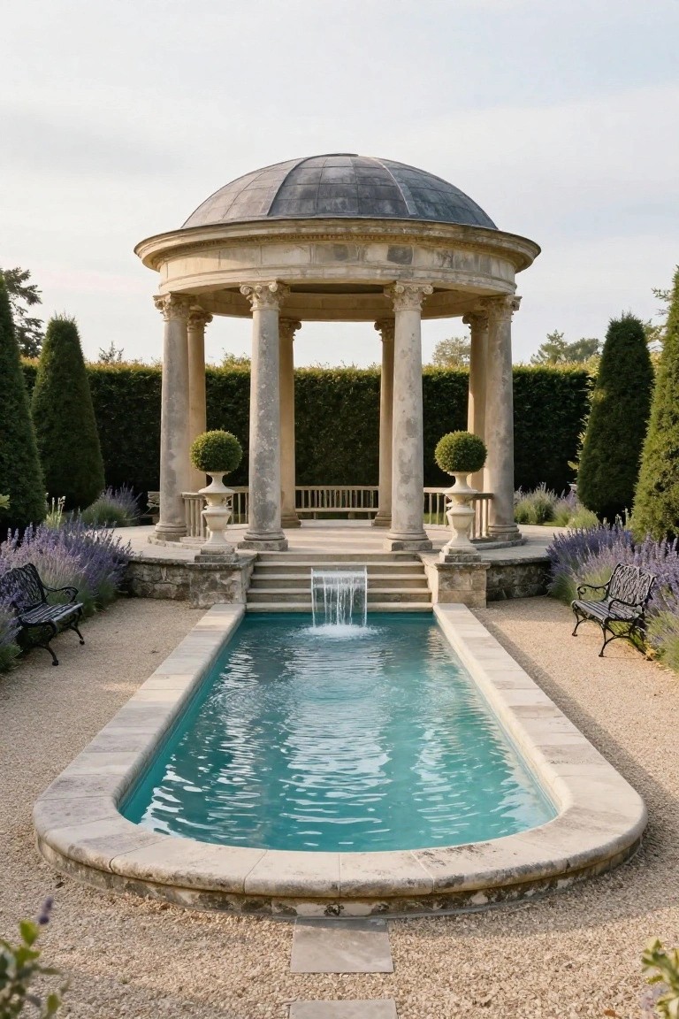 23 Inground Pool Design Ideas That Define Luxury Living A beige stone neoclassical rotunda pavilion with columns overlooks a narrow turquoise inground pool fed by a cascading waterfall from stone steps, surrounded by lavender plants, boxwood topiaries, benches, and gravel paths.