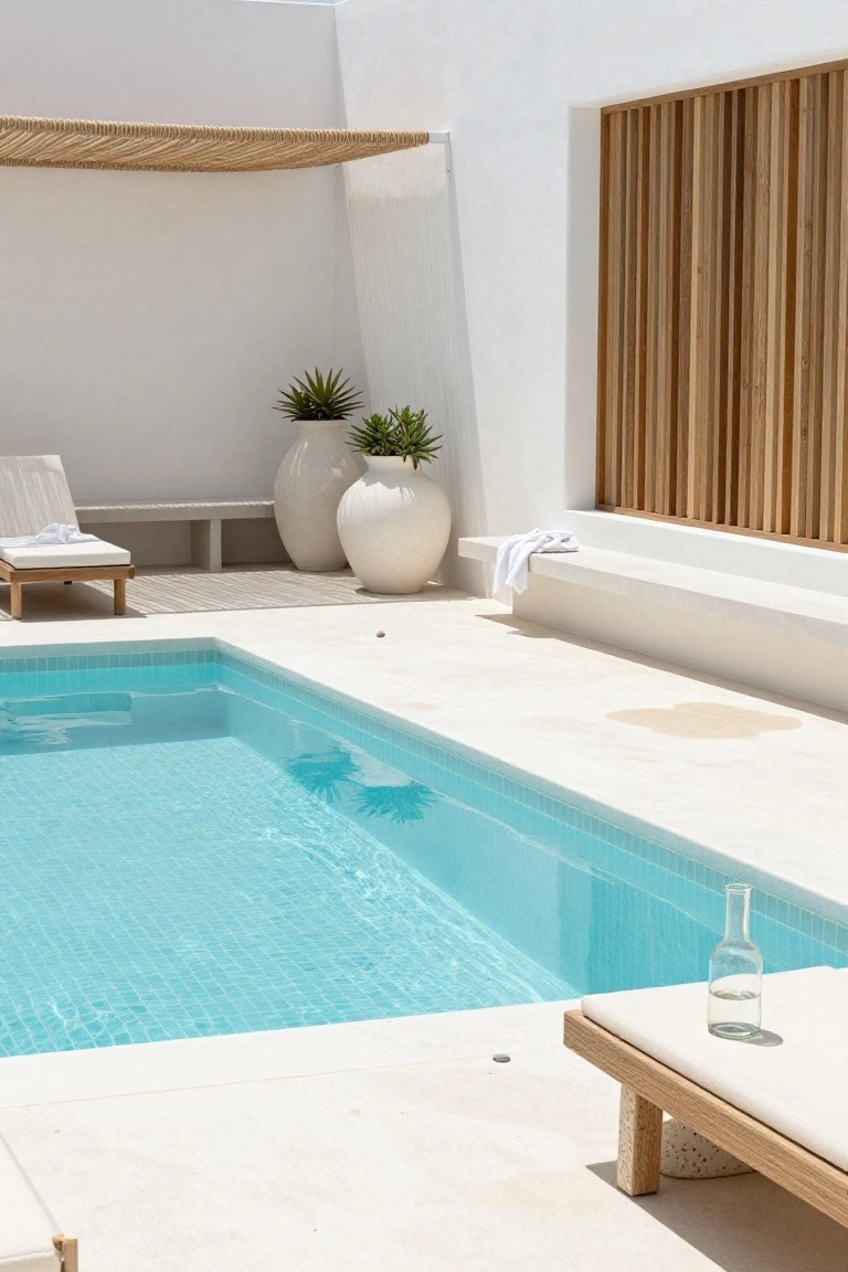 23 Inground Pool Design Ideas That Define Luxury Living Turquoise mosaic-tiled inground pool with light stone surround, wooden sun loungers, large white ceramic pots with plants, slatted wood wall, and rope shade structure against white architecture.
