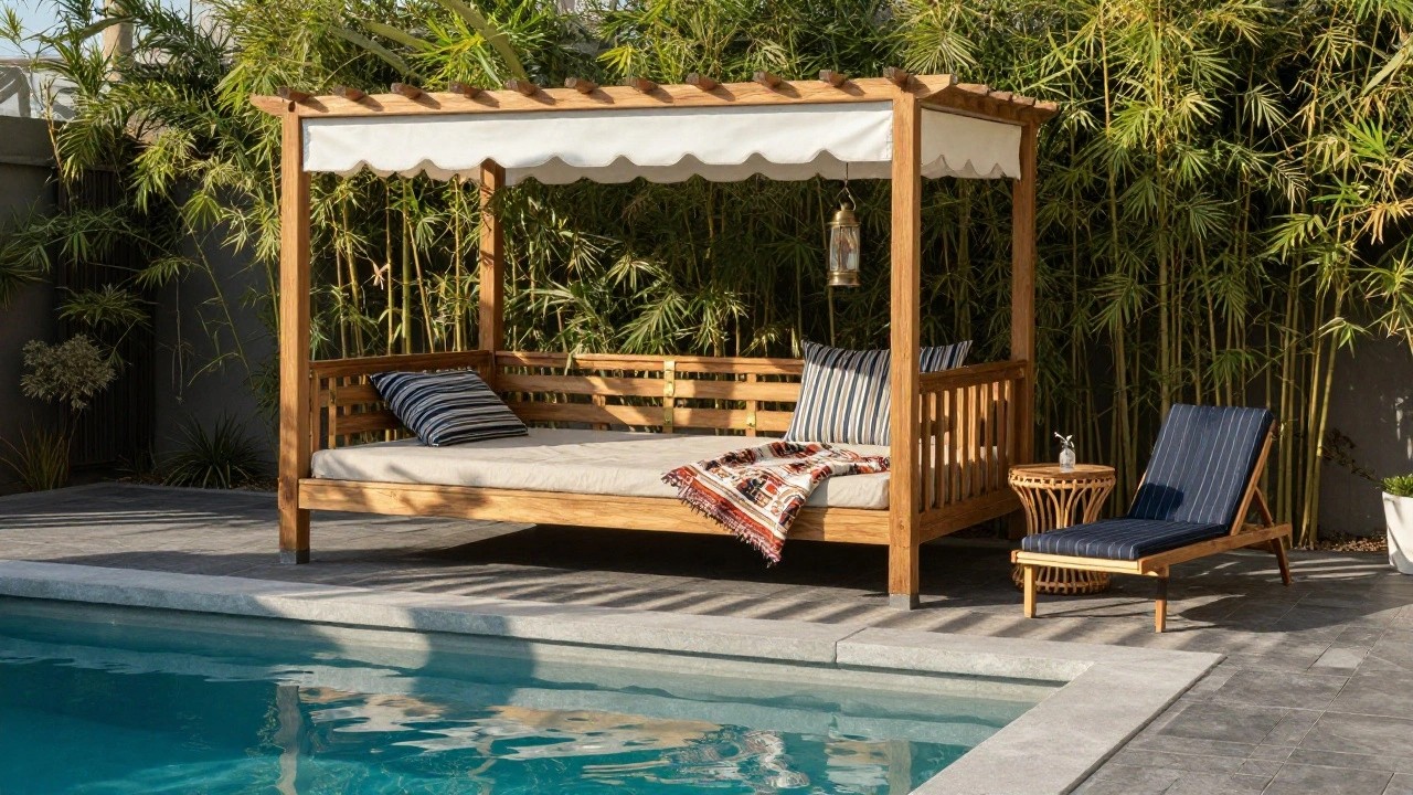 Wooden pergola with white draped fabric shades a cushioned wooden daybed next to a small rectangular pool on a tiled patio surrounded by bamboo plants.