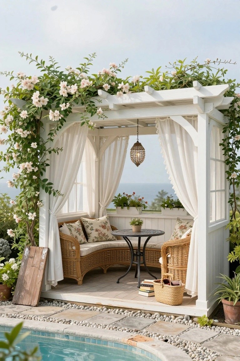 White wooden pergola covered in pink climbing roses and green vines with sheer white curtains on arched openings, curved wicker bench seating and small round metal table inside, potted plants nearby, next to a turquoise pool with stone and pebble edging overlooking the sea.
