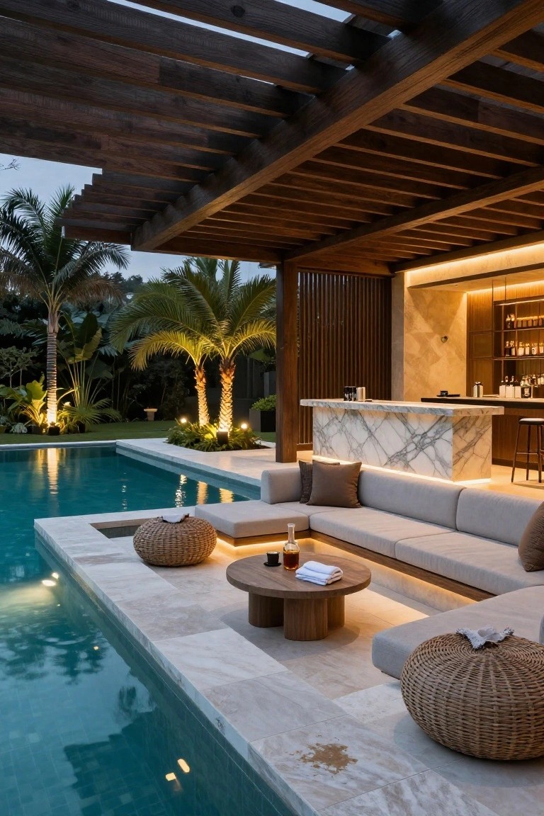 Wooden slatted pergola shading a poolside gray L-shaped sofa, wicker ottomans, wood coffee table, and white marble bar, with palm trees and garden lights in the background at dusk.