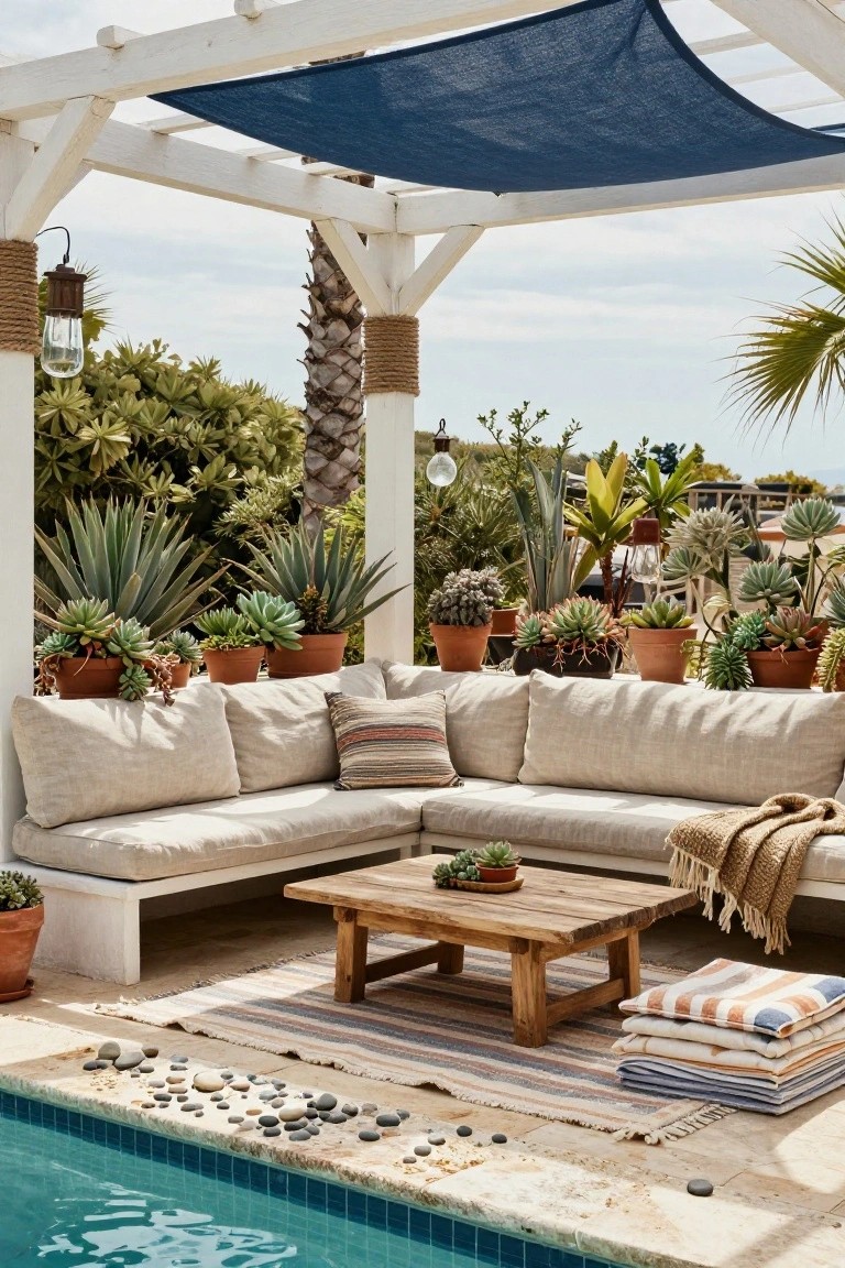 White wooden pergola with blue fabric shade over beige L-shaped outdoor sofa, wooden coffee table, potted succulents, and plants on a tiled poolside patio next to a swimming pool.