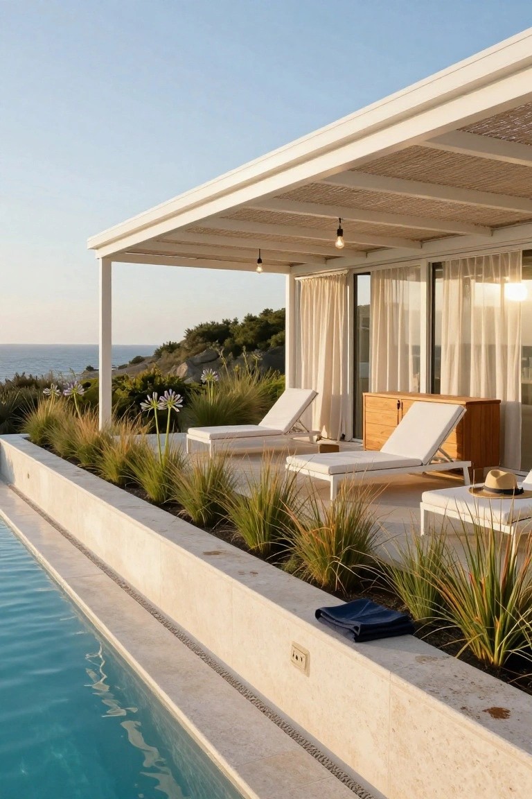 White pergola with reed ceiling shading two lounge chairs beside a rectangular pool edged with grasses, wooden cabinet nearby, and ocean view beyond.