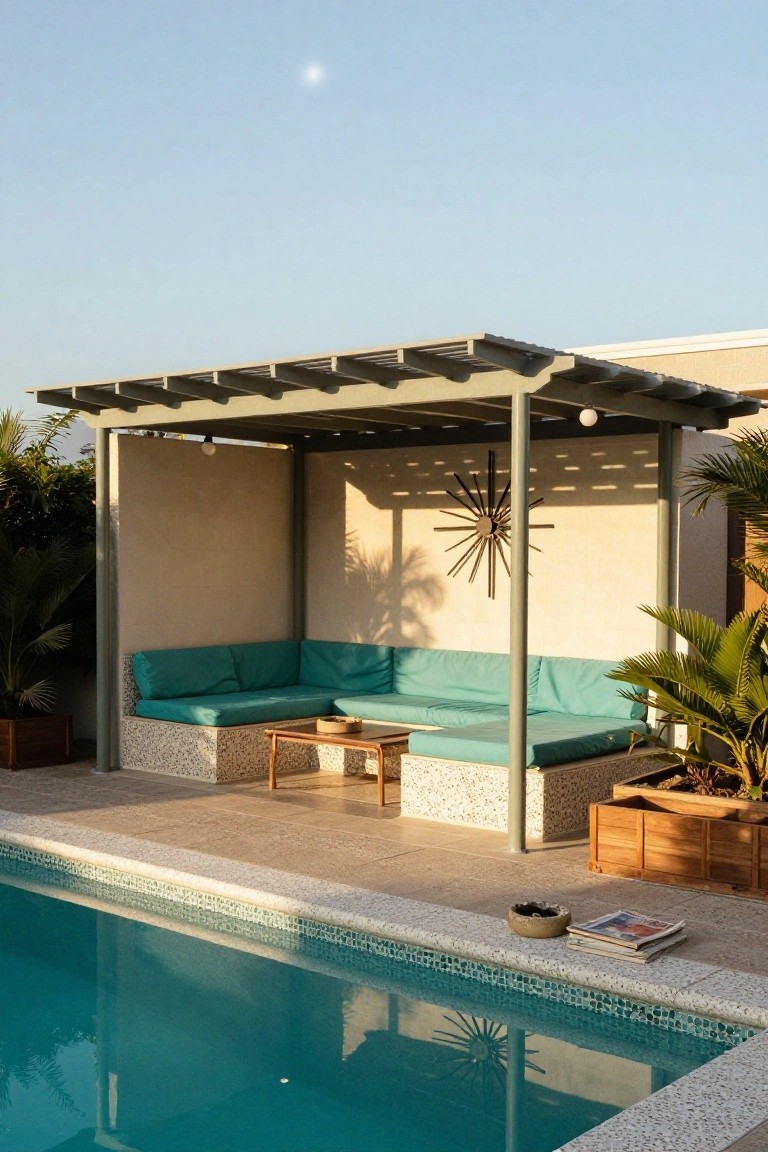 Metal pergola shading an L-shaped teal bench seating area next to a turquoise pool, with a wooden table, potted plants, and a starburst wall sculpture.