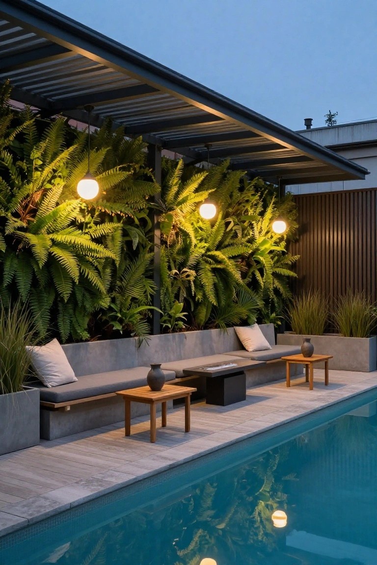 Black slatted metal pergola over a concrete bench with white cushions on a rooftop terrace beside a swimming pool, backed by lush green fern walls with hanging white globe lights and wooden side tables.