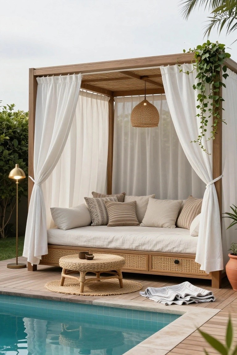 Wooden pergola with white sheer curtains partially drawn around a cushioned daybed with beige pillows and striped cushions, positioned on a deck beside a turquoise pool with rattan side table and potted plants.