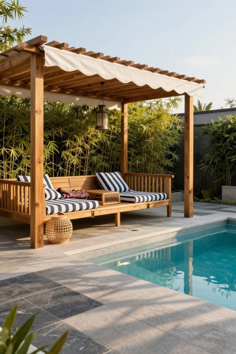 Wooden pergola with white draped fabric shades a cushioned wooden daybed next to a small rectangular pool on a tiled patio surrounded by bamboo plants.