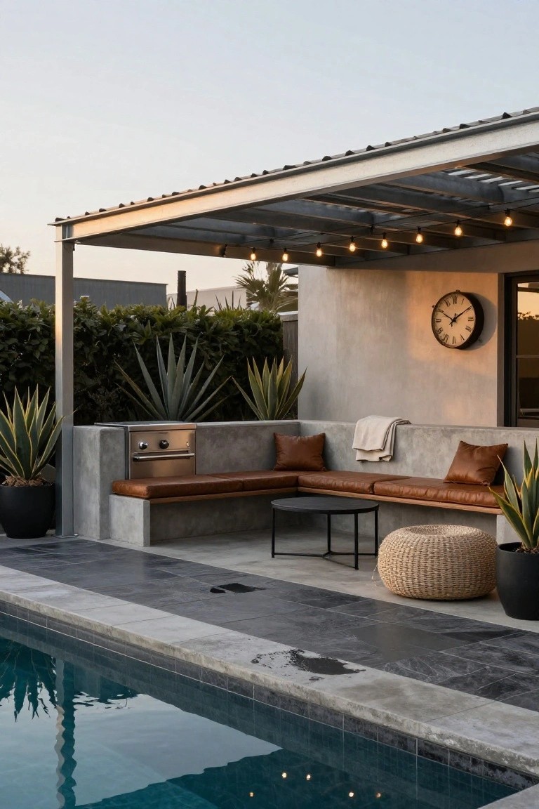 Outdoor poolside area under a metal pergola with string lights, featuring a built-in stainless steel BBQ, concrete bench with brown leather cushions and pillows, potted agave plants, woven stool, low table, on dark gray tiled patio next to a blue-tiled pool.