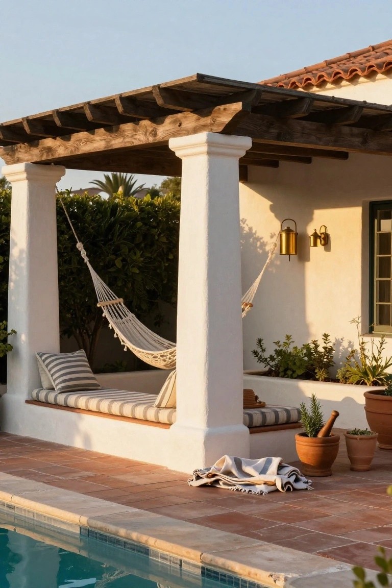 White stucco pergola with dark wooden beams and columns shades a white hammock and striped cushioned bench next to a pool, with potted plants and a throw blanket on terracotta tiles.