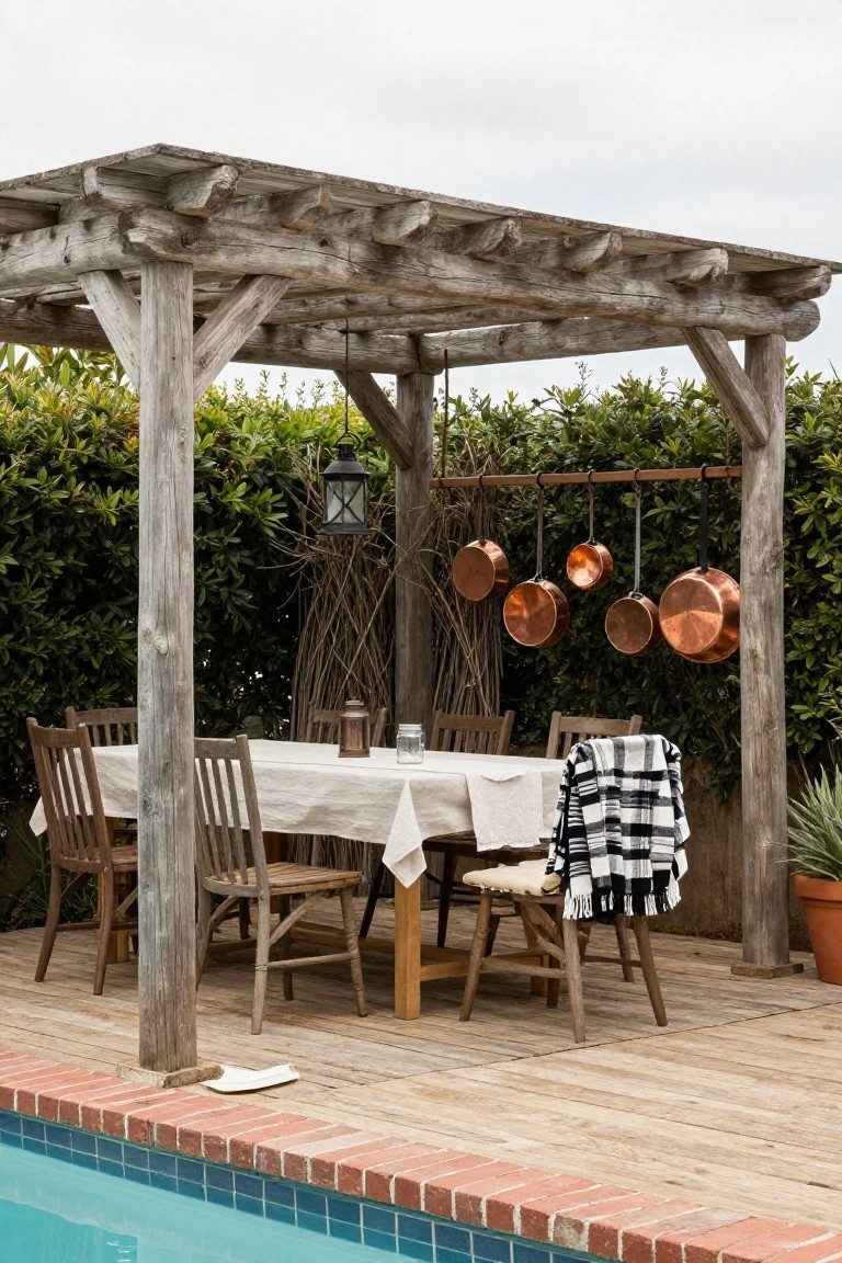 Wooden pergola shading a white-draped dining table with chairs on a deck next to a pool, featuring hanging copper pots, a lantern, and greenery backdrop.