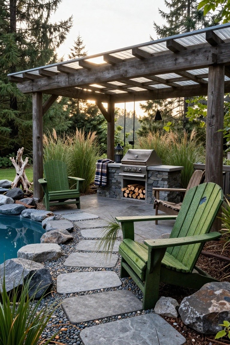 Wooden pergola with corrugated translucent roof over a stone countertop BBQ grill with wood storage below, flanked by green Adirondack chairs, adjacent to a rock-lined pool and surrounded by grasses, driftwood, and trees.