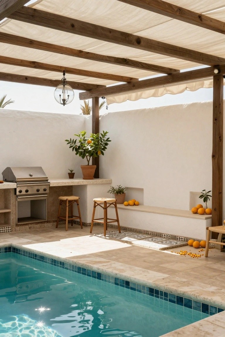 Wooden pergola with draped beige fabric canopy over an outdoor kitchen featuring stainless steel barbecue grill and rattan stools, adjacent to turquoise tiled pool with travertine deck and potted citrus trees against white walls.