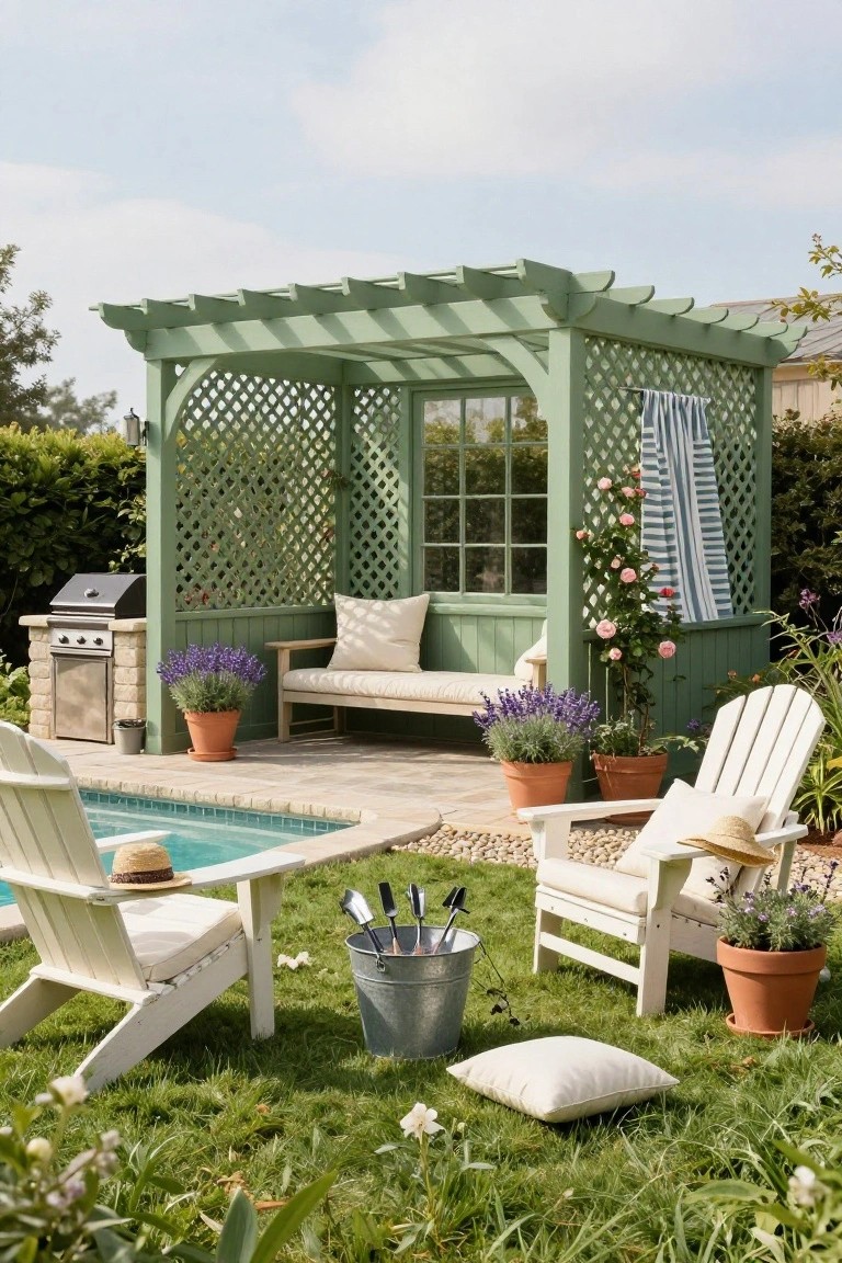 Green painted wooden pergola with lattice panels, a cushioned bench inside, white Adirondack chairs, potted plants, and a bucket of garden tools beside a swimming pool in a backyard setting.