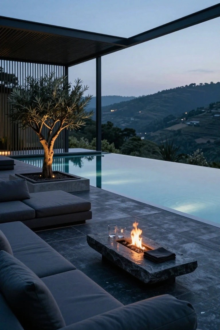 Modern black slatted metal pergola over outdoor pool terrace with infinity-edge pool, potted lit olive tree, gray L-shaped sofa, stone fire table with flames, tiled deck, and hillside view at dusk.