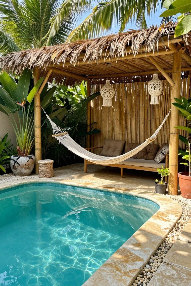 Bamboo pergola with thatched roof over a curved-edge pool, white hammock and cushioned bench nearby, surrounded by tropical plants and lanterns.