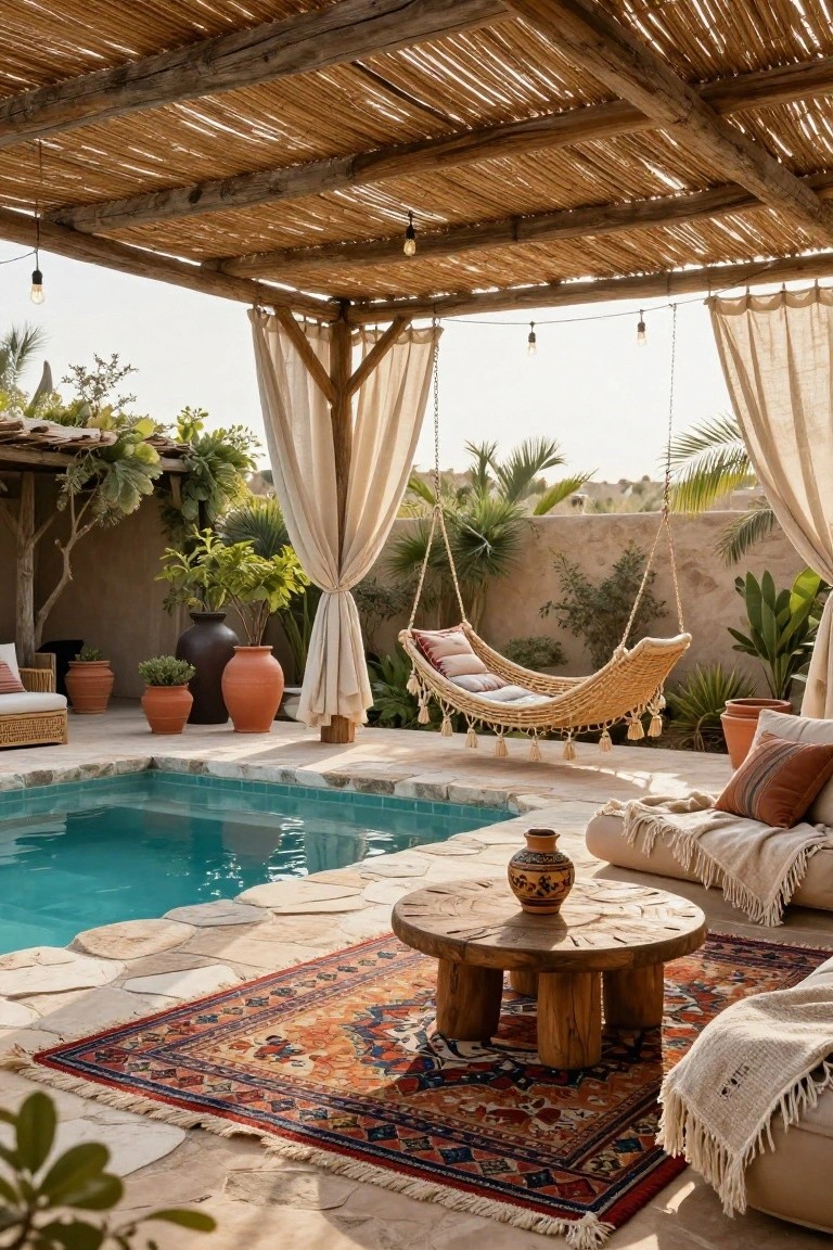 Turquoise pool edged in stone pavers under a thatched wood pergola with hanging woven swing, sheer curtains, potted plants, low seating, wooden table, and string lights.