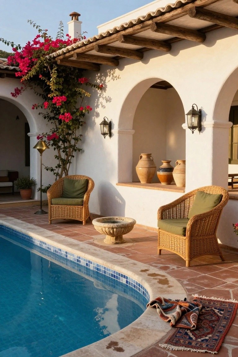 White stucco terrace with arched openings under wooden beam pergola draped in pink bougainvillea, flanked by green wicker chairs, terracotta pots and urns, brass lamps, stone basin, and curved blue-tiled pool edged in terracotta pavers.