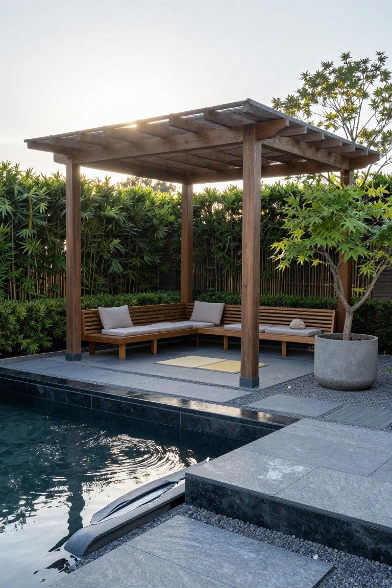 Wooden pergola with built-in benches, beige cushions, and a yellow rug positioned next to a dark pool, surrounded by bamboo plants and a potted tree.