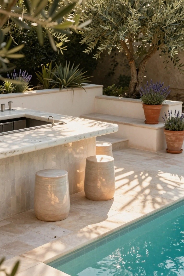 Outdoor inground pool with adjacent beige stone bar counter including sink and faucet, two matching tapered stools, lavender in terracotta pots, olive trees, and agave plants on tiled patio.
