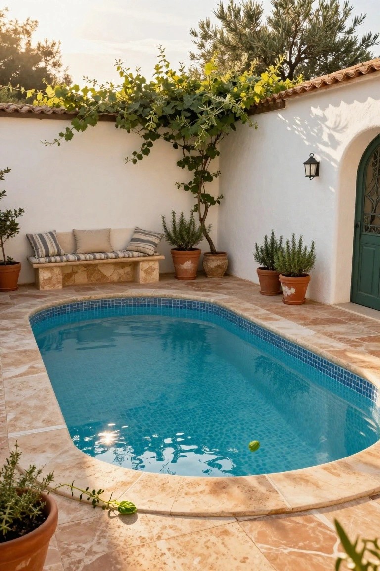 Small turquoise-tiled inground pool surrounded by beige terracotta tiles, with a built-in stone bench topped by striped and beige cushions, several terracotta pots with plants, white stucco walls, green arched door, and grapevine on overhead trellis.