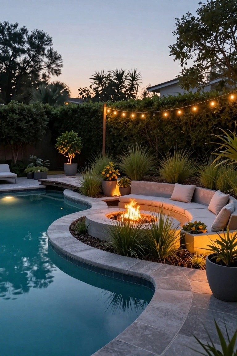 Curved turquoise inground pool edged in gray stone tiles, with adjacent curved concrete bench seating built around a central fire pit with flames, surrounded by tropical plants and potted greenery under string lights at dusk.