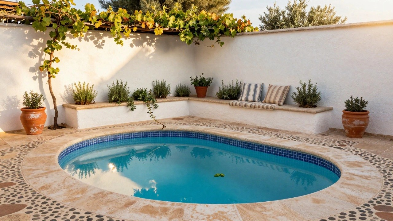 Small turquoise-tiled inground pool surrounded by beige terracotta tiles, with a built-in stone bench topped by striped and beige cushions, several terracotta pots with plants, white stucco walls, green arched door, and grapevine on overhead trellis.
