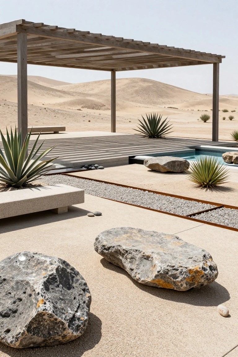 Inground pool in desert landscape with large gray boulders on beige concrete deck, agave plants, gravel trench edged in rusted steel, concrete benches, wooden pergola, and sand dunes in background.